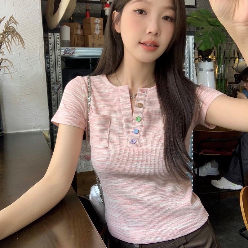실사 빅 사이즈 색상 단추 디자인 센스 반팔 티셔츠 여성 여름 몸매 가꾸기 쇼트 스타일 만나는 맨위 1655