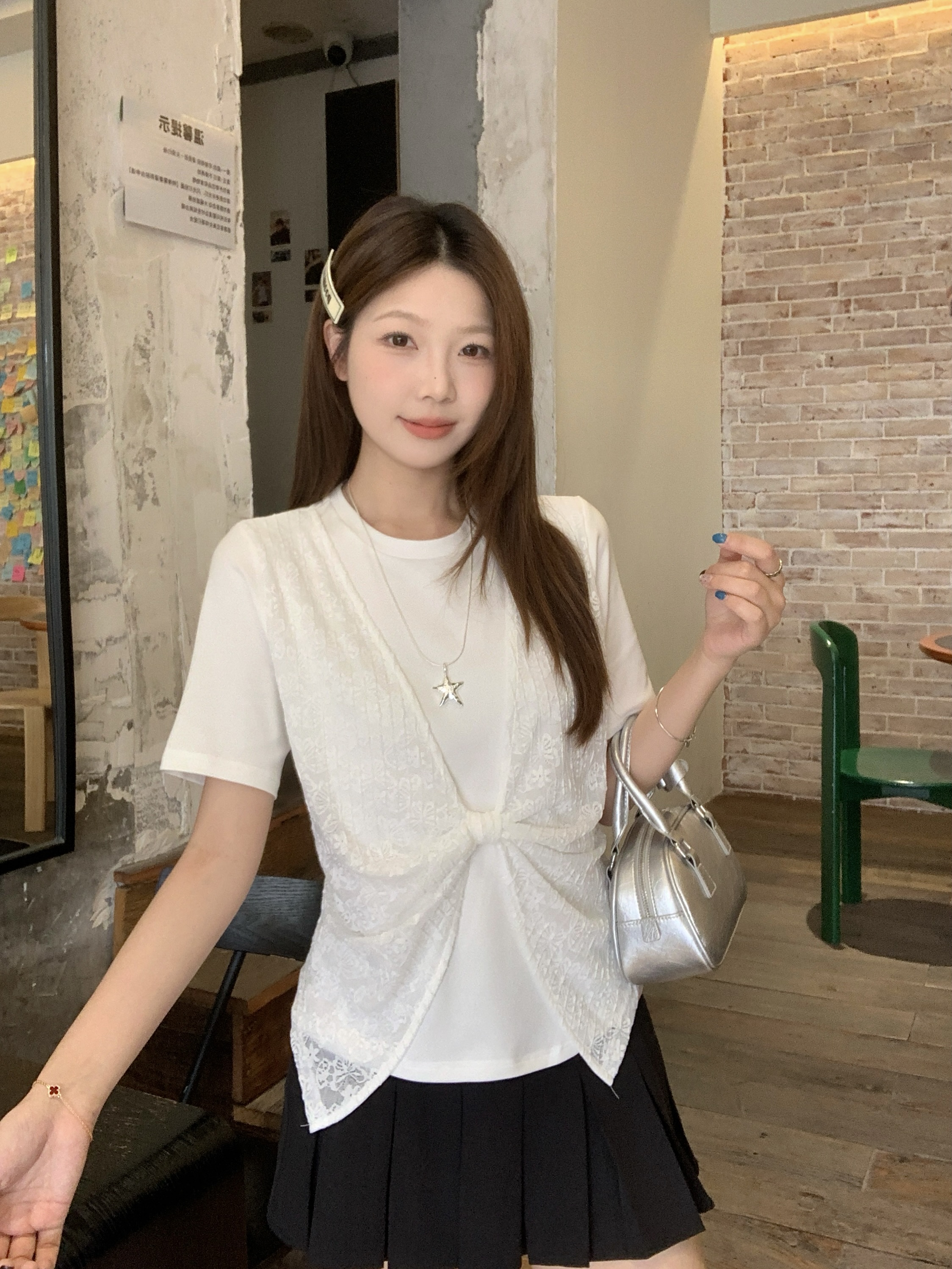 실사 빅 사이즈 나비 매듭 t 라운드 넥 티셔츠 여성 여름 새로운 슬림해 보이는 긍정적 인 어깨 패치워크 페이크 레이어드 반팔 8006