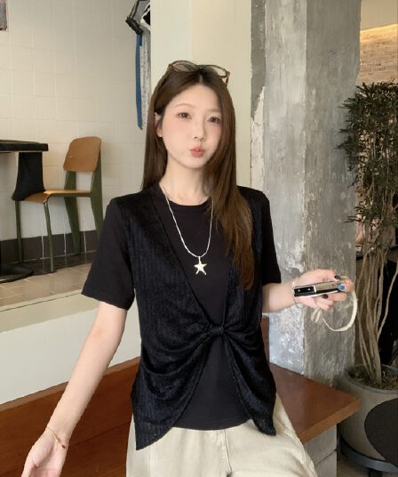 실사 빅 사이즈 페이크 레이어드 레이스 조각 반팔 여성 여름 빅 사이즈 지방 mm 슬림해 보이는 디자인 센스 비틀림 맨위 8006