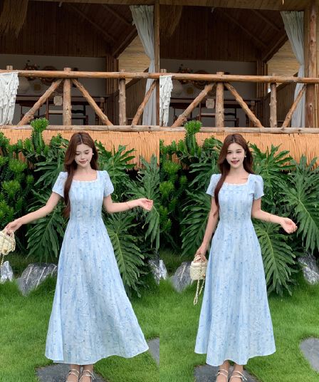 실사 빅 사이즈 프랑스식 파란색 꽃무늬 슬림해 보이는 여성 드레스 여름 예술 건강 밝은 착용 가져 가라. 롱 스커트 8035