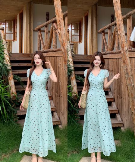 실사 빅 사이즈 푸른 녹색 도트 무늬 드레스 여름 새로운 레트로 V넥 프릴 허리 수축 프랑스식 치마 8037