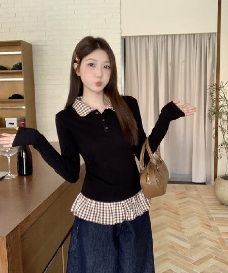 실사 빅 사이즈 체크무늬 패치워크 레이스 티셔츠 여성 가을 몸매 가꾸기 인사이드 가져 가라. 디자인 센스 베이비 칼라 긴팔 맨위 6080