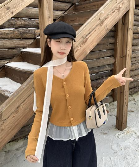 실사 빅 사이즈 한국 스타일 패치워크 치마 니트 스웨터 여성 오픈 가디건 부드러운 바람 품격 가을 몸매 가꾸기 맨위 6088
