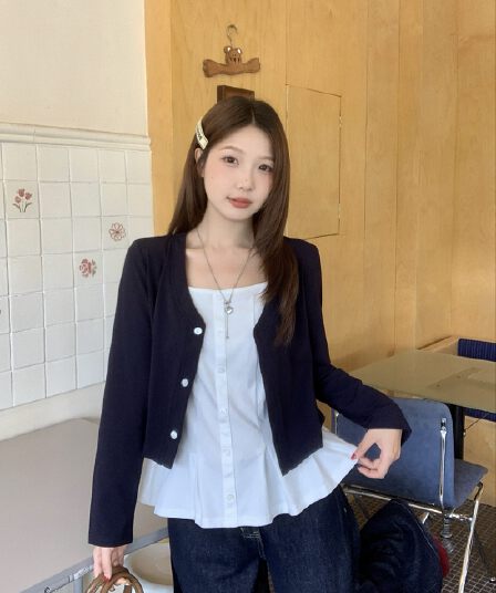 실사 빅 사이즈 페이크 레이어드 니트 스웨터 여성 코트 새로운 이른 가을 한국 스타일 부드러운 바람 맨위 오픈 가디건 8076