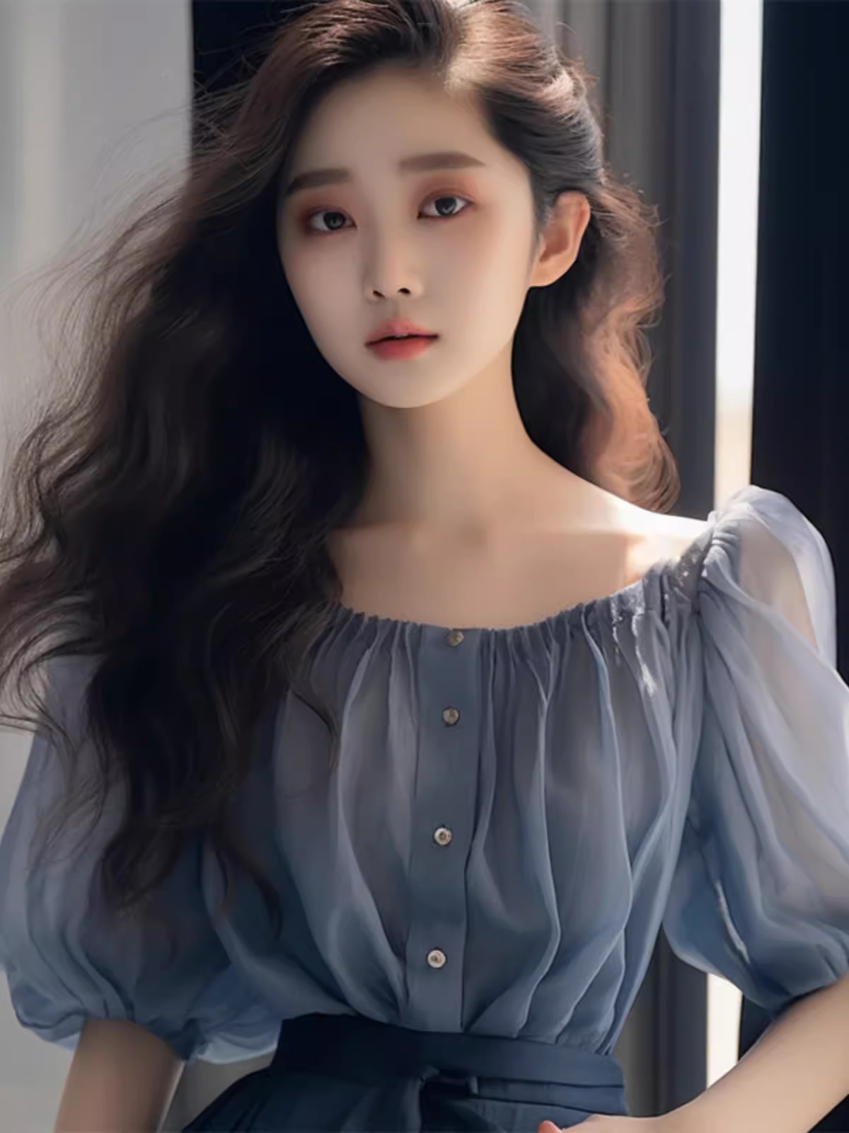여름 프랑스식 고유 한 Chic 작은 셔츠 외국 가스 연령 감소 고급 센스 슈퍼 잘 생긴 파란색 오프숄더 쉬폰 여성 셔츠