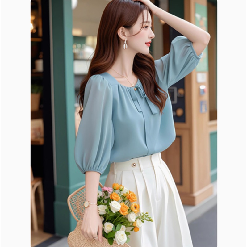 연령 감소 잘 생긴 ~ 중 한 부서 chic Chic 출퇴근 맨위 캐주얼 파란색 5 점 소매 쉬폰 셔츠 여자