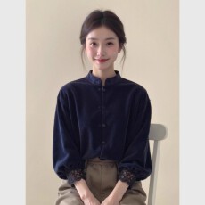 批发新中式<b class='q'>女装</b>藏青色立领蕾丝边丝绒上衣26秋季宽松显瘦气质国风小衫