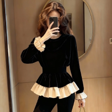 批发新中式女装黑色荷叶边拼接丝绒上衣设计感小众巨好看国风掐腰小衫