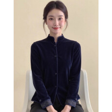 批发新中式<b class='q'>女装</b>藏青色立领单排扣丝绒开衫外套25冬洋气高级感国风上衣