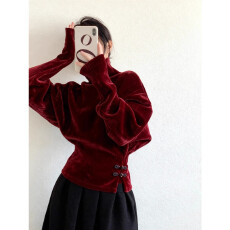 批发新中式国风圣诞新年酒红色盘扣开衩高领丝绒上衣女25冬季打底小衫