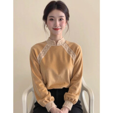 批发新中式女装黄色蕾丝花边丝绒上衣25冬宽松显瘦超好看气质国风小衫