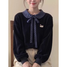 批发新中式<b class='q'>女装</b>黑色波点飘带领刺绣丝绒衬衫25冬设计感超好看国风上衣