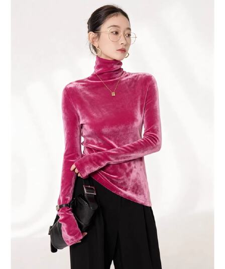 고유 한 Chic 로즈 레드 터틀넥 벨벳 긴팔 맨위 여성 겨울 몸매 가꾸기 슬림해 보이는 아름다운 인사이드 가져 가라. 만나는 작은 셔츠