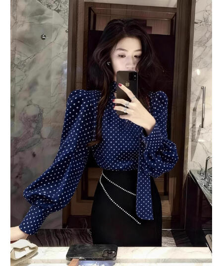 블루 색상 도트 무늬 여성 셔츠 빛 럭셔리 고급 센스 봄 착용 가져 가라. 레트로 프랑스식 고유 한 아름다운 쉬폰 작은 맨위
