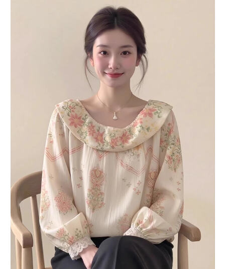 2026 슈퍼 화재 연령 감소 베이지 색 레이스 레이스 국풍 프린트 맨위 여성 봄 디자인 센스 고유 한 아름다운 작은 셔츠
