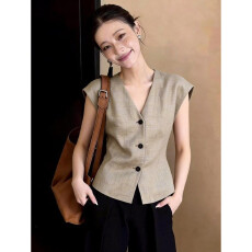 批发高端别致卡其色西装马甲衬衫女夏季新款职场气质干练<b class='q'>通勤</b>无袖上衣