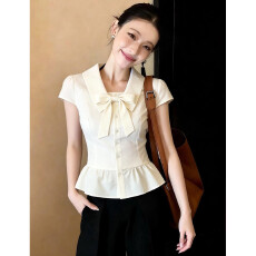 批发韩系通勤蝴蝶结修身短袖衬衫2026夏季新款甜美显白减龄收腰上衣