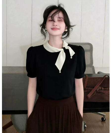 여름 흑인과 백인 클래식 그는 벤 바람 나비 매듭 칼라 셔츠 진주 공제 여성 항구 바람 작은 대중 십자가 나비 넥타이 셔츠