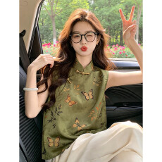 批发新中式国风上衣女高端橄榄绿蝴蝶印花盘扣无袖上衣唐装改良汉服<b class='q'>夏</b>