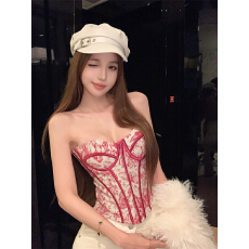 批发实拍实价~国风复古礼服油墨画感纯欲提花鱼骨绑带抹胸女显瘦收腰