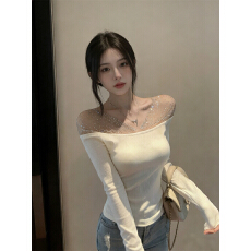 批发实拍~不减~<b class='q'>网纱</b>烫钻V领长袖女设计感修身纯欲性感内搭打底<b class='q'>上衣</b>T恤