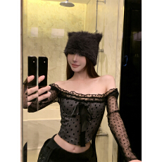 批发实拍~不减~<b class='q'>网纱</b>波点灰色绑带长袖打底<b class='q'>上衣</b> 嗲欲性感鱼骨修身外穿T