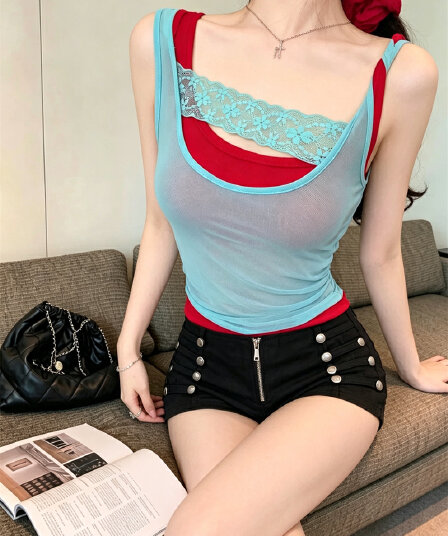 실사 정가 섹시함 핫걸 태국 사람 스타일 페이크 레이어드 배색 망사 캐미솔 몸매 가꾸기 슬림해 보이는 고정 가슴 패드