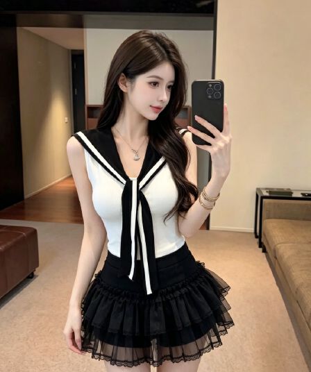 실사 정가 여름 학원 스타일 넥타이 배색 디자인 조끼 몸매 가꾸기 해군 칼라 민소매 맨위 고정 가슴 패드