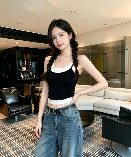 실사 정가 순수한 욕망 패치워크 색상 페이크 레이어드 캐미솔 아메리칸 핫걸 인사이드 가져 가라. 외출용 아름다움 뒤로 벨트 가슴 패드