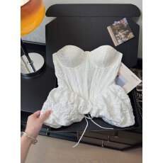 批发实拍实价~纯欲法式珠光白肌理感提花抹胸鱼骨胸衣礼服 荷叶鱼尾摆
