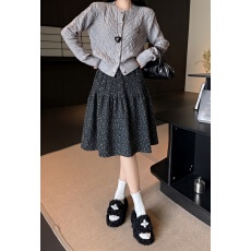 实拍韩系文艺复古碎花毛呢半身裙女秋冬新款高腰显瘦百搭A字中裙