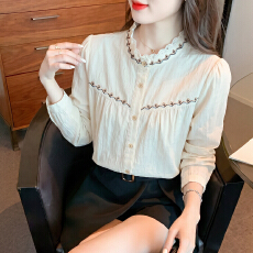 批发棉布料花边<b class='q'>立领</b>提花衬衫春秋季女装新款撞色刺绣上衣