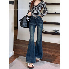 批发新款微弹牛仔长裤女后袋袋盖设计感复古水洗微喇叭阔脚拖地裤子