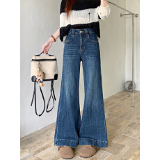 批发新款复古水洗<b class='q'>高腰</b>牛仔<b class='q'>长裤</b>女设计感微弹喇叭宽松直筒阔脚拖地裤子