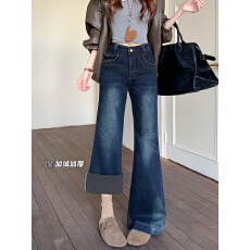 批发加绒加厚微<b class='q'>喇叭</b>牛仔长裤女铆钉设计感微弹水洗工艺阔脚拖地裤子