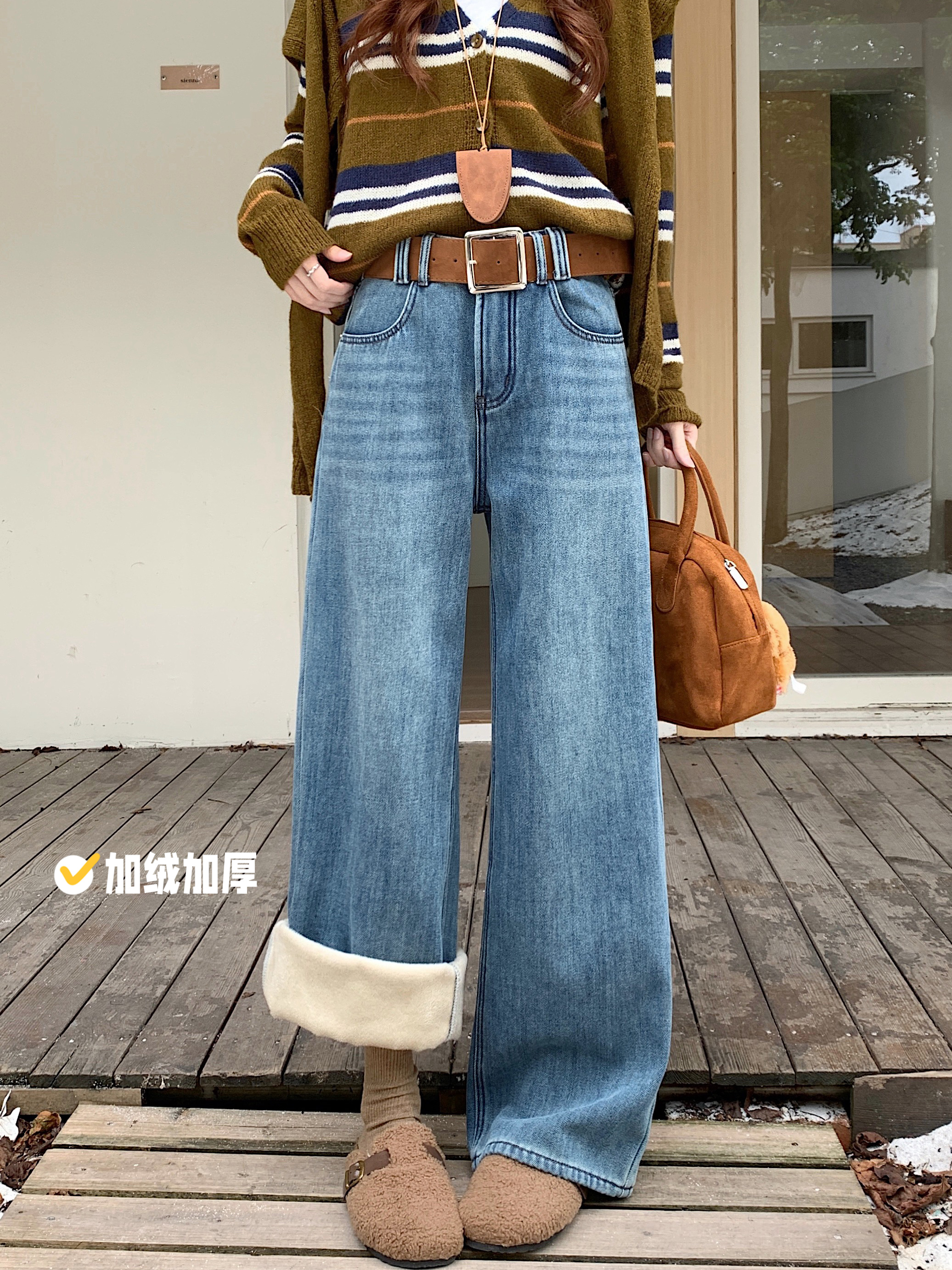 加绒加厚冬季新款牛仔长裤女复古水洗设计感宽松直筒阔腿拖地裤子