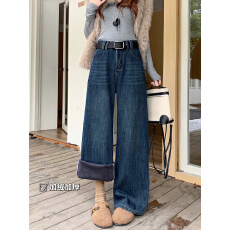 批发加绒加厚冬季新款牛仔长裤<b class='q'>女</b>复古水洗设计感宽松<b class='q'>直筒</b>阔腿拖地裤子