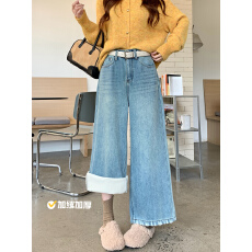 批发冬季加绒加厚牛仔<b class='q'>长裤</b>女设计感裤脚磨破复古水洗宽松直筒阔腿裤子