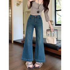 批发春季新款直筒微喇牛仔<b class='q'>长裤</b>女设计感微弹复古水洗大裤脚裤子