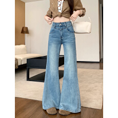 批发春季新款<b class='q'>直筒</b>微喇叭牛仔长裤<b class='q'>女</b>水洗设计感复古做旧大裤脚拖地裤子