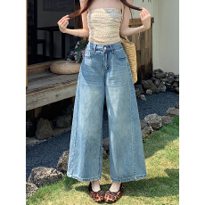 批发宽松阔腿牛仔<b class='q'>长裤</b><b class='q'>女</b>小个子后袋刺绣复古水洗大裤脚休闲九分裤子