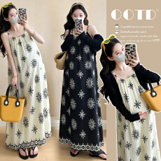 批发实拍 夏季休闲度假复古印花吊带<b class='q'>连衣裙</b>宽松长裙+防晒开衫两件套