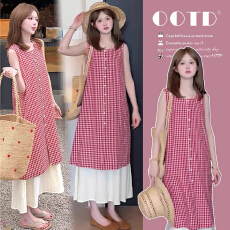 实拍 大货新款孕妇格子红色长裙夏季孕妇长裙