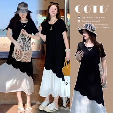 批发实拍 大货新款大码孕妇装<b class='q'>夏</b>季拼接假两件套连衣裙