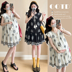 批发实拍 大货新款孕妇印花圆领系带连衣裙