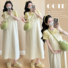 实拍 大货新款大码孕妇装小圆点背带裙+T恤两件套