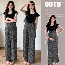 批发实拍 腰果花连体吊带长裤肩带可调节加夏季百搭黑色T恤孕妇装