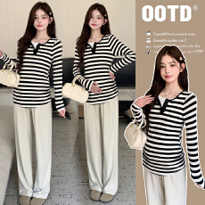 批发实拍 层次感假两件套针织条纹套头百搭长袖衫孕妇休闲假两件套