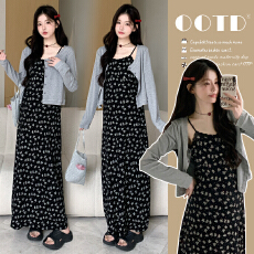 批发实拍 夏季黑色碎花连衣裙叠穿灰色防晒衫孕妇两件套连衣裙