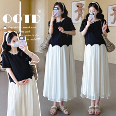 批发实拍 大货夏季新款荷叶边拼接设计<b class='q'>孕妇</b><b class='q'>裙</b>领口装饰